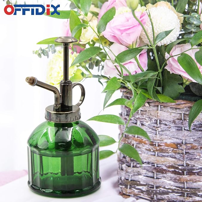 OFFIDIX Glass Plant Mister, 6.3 Inches Tall Vintage Style Spritzer Bronze Plastic Top Pump One Hand Watering Can Indoor Plant Spray Bottle for Garden, Plants, Cleaning (Dark Green)