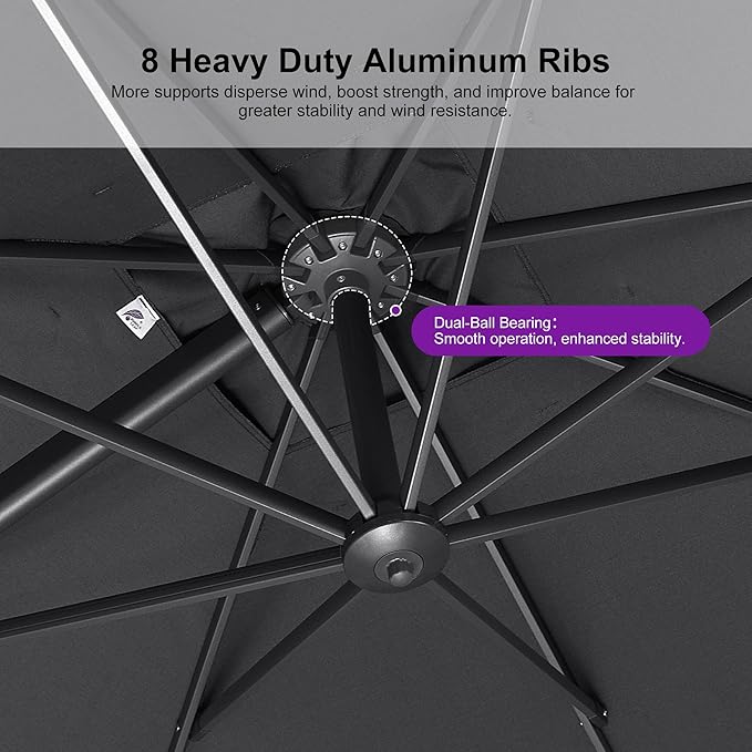 PURPLE LEAF 10 FT Cantilever Patio Umbrella Outdoor Aluminum Offset Square Umbrella with 3 Years Fade Resistance Recycled Fabric and 360-degree Rotation for Deck Pool Gard, Mist Grey