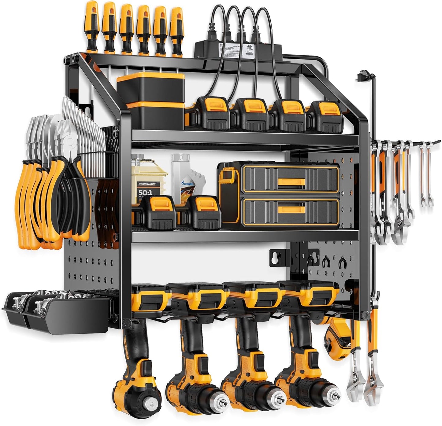 LBT Heavy Duty Metal Power Tool Organizer Wall Mount with 4 Outlet Charging Station & Drill Holder, 4 Layer Garage Storage Rack 120LB, Gift for Men Dad Husband (Workshop, Anniversary, Father's Day)