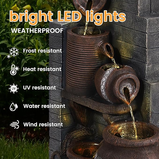 6-Tiers Garden Waterfall Fountain Outdoor - 31’5''H Water Fountains and Waterfalls, Large Outdoor/Indoor Floor Standing Resin Water Fountain with LED Light for Patio, Garden and Home (31.5”H)