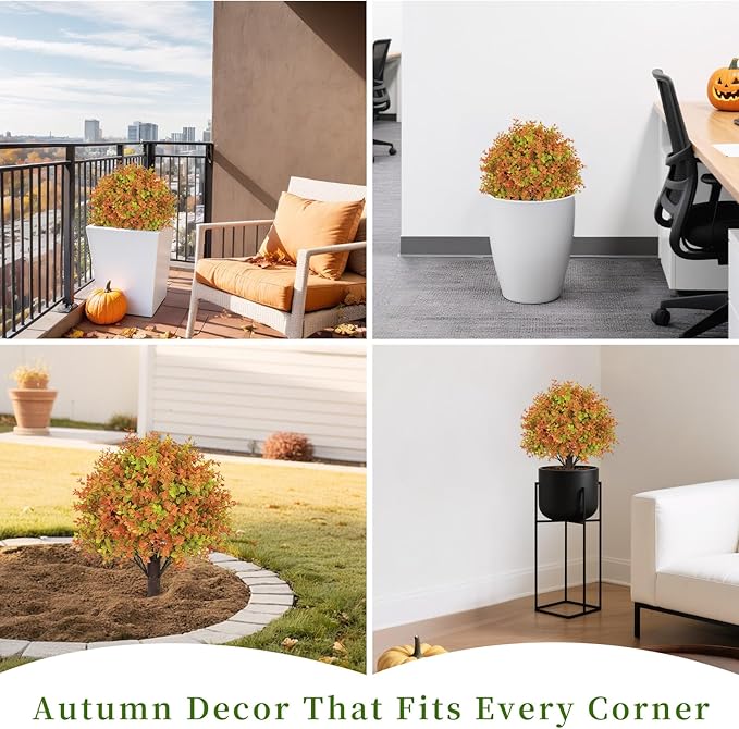 24" Fall Plants Artificial Boxwood Topiary Trees, UV Resistant Faux Bushes with Ground Spike, Fake Shrubs for Outdoor Planters, Front Porch, Patio, Yard Decor Set of 2