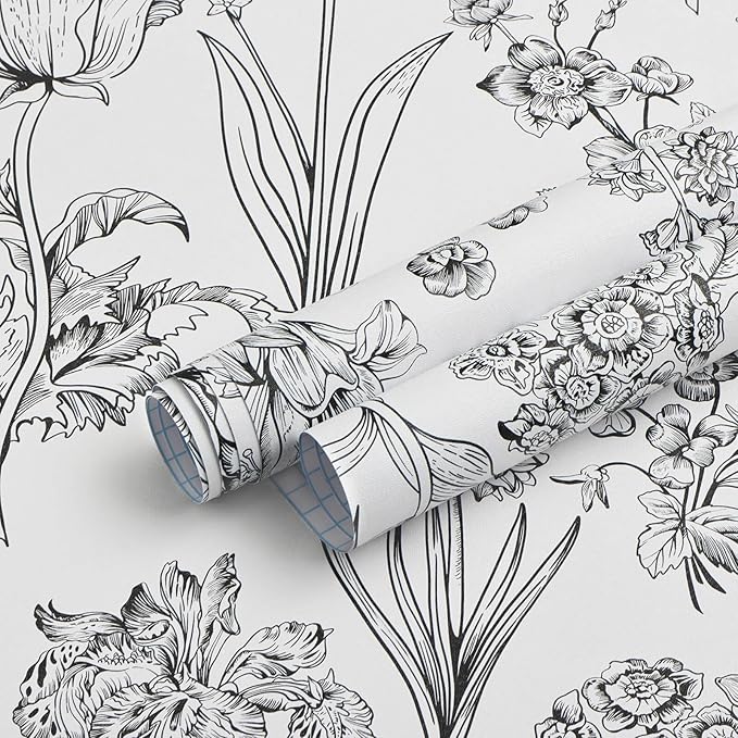 Dimoon 236"x17.3" Floral Peel and Stick Wallpaper White Contact Paper Waterproof Black Lines Wallpaper Vintage Flower Thicken Plant Self Adhesive Removable Wall Covering Shelf Liner Decal Vinyl Roll
