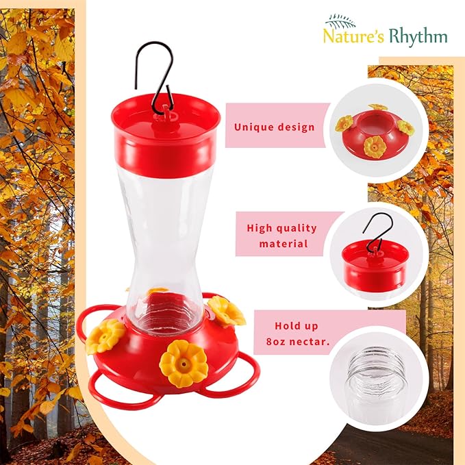 Nature's Rhythm Bird Feeder 4 bee Guard Plastic Yellow Flowers Feeding Port 8oz Glass Pinch Waist Hummingbird Feeder (2Pcs)