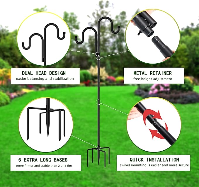 Double Shepherds Hooks for Outdoor, Bird Feeder Pole with 5 Prongs Base, Heavy Duty Garden Hook for Lantern, Wind Chime and Hummingbird Feeder, 76 Inch, 2 Pack