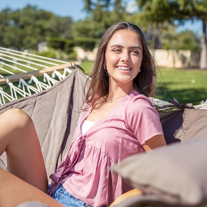 ANOW 2 Person Hammock with 12FT Heavy Duty Steel Stand, Double Rope Hammock with Detachable Pillow and Pad for Outdoors Indoors, 450 LBS Weight Capacity, Light Brown