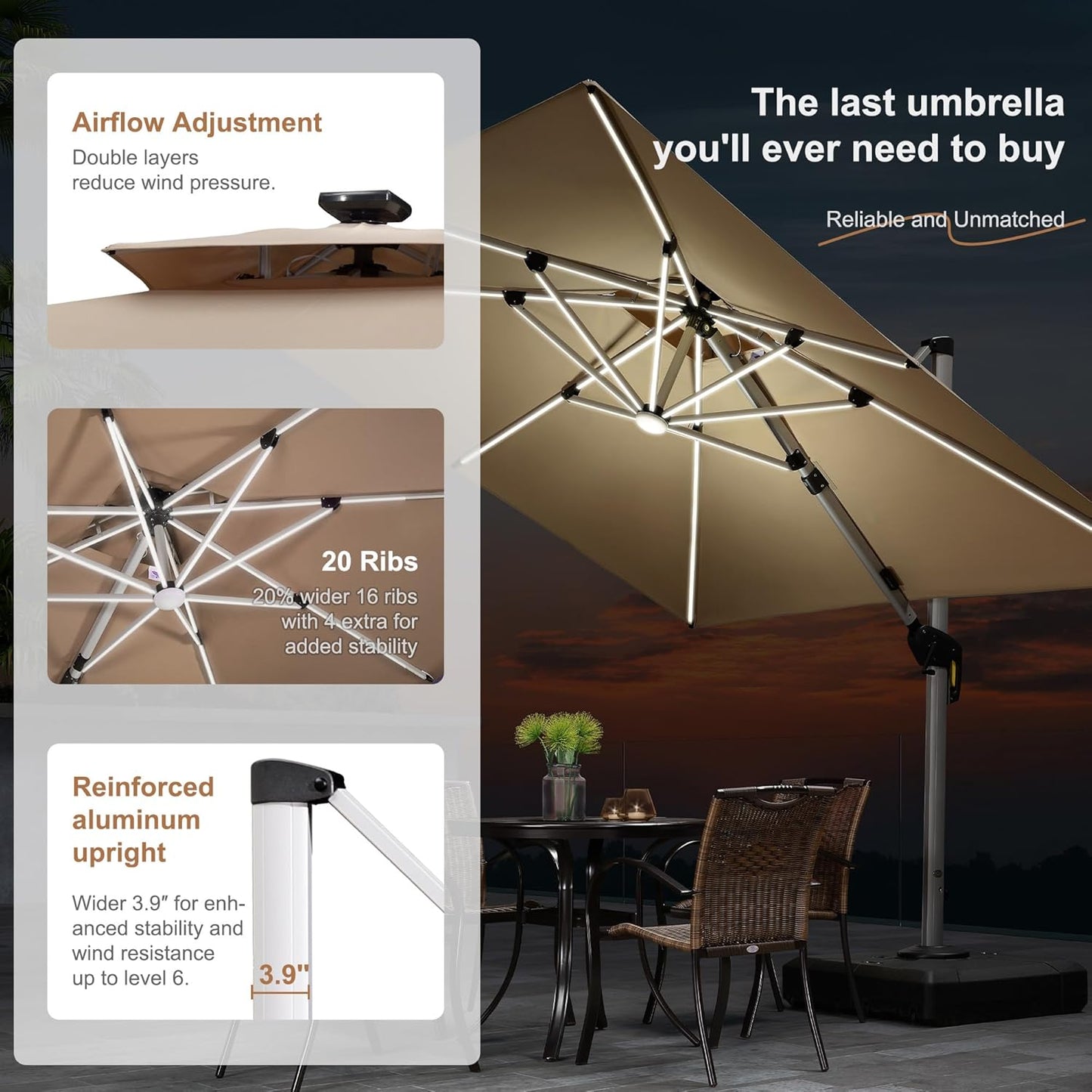 PURPLE LEAF 10' X 10' Solar Powered LED Patio Large Umbrella Offset Double Top Hanging Umbrella Outdoor Market Umbrella for Garden, Deep Beige