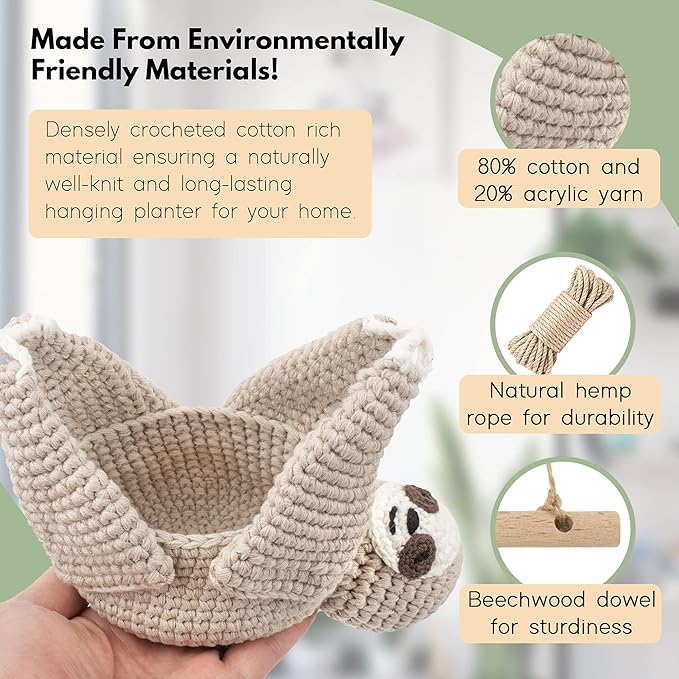 Home Decor Sloth Hanging Planters for Indoor Plants, Indoor/Outdoor Hanging Plant Holder, Plant Hanger Gift Idea for Sloth Lovers, Animal Wall Planter, 4 inch