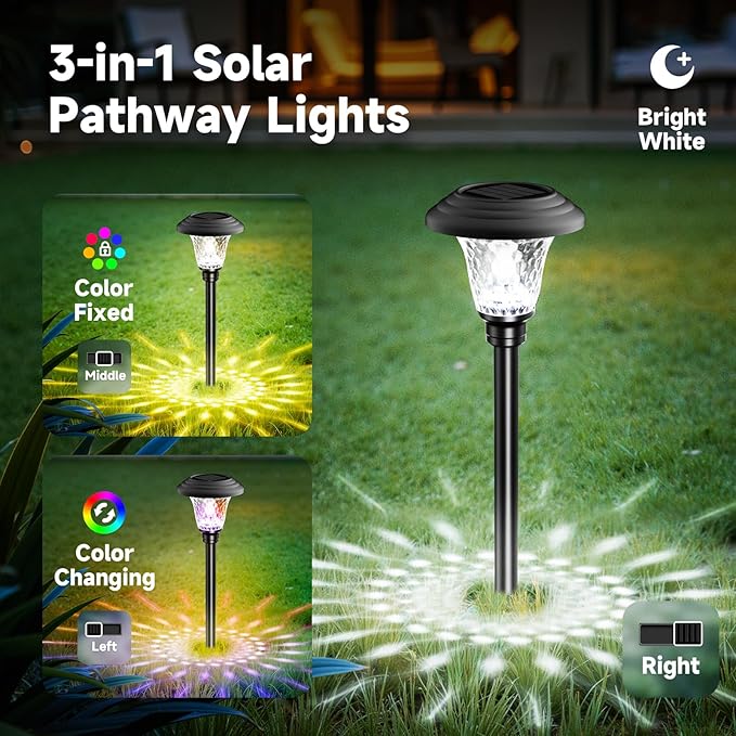 Beau Jardin 8 Pack Solar Pathway Lights Outdoor Metal Solar Powered Lights Waterproof Glass High Lumen for Garden Landscape Path Yard Walkway Patio Driveway Outside Colored Color Changing White Black