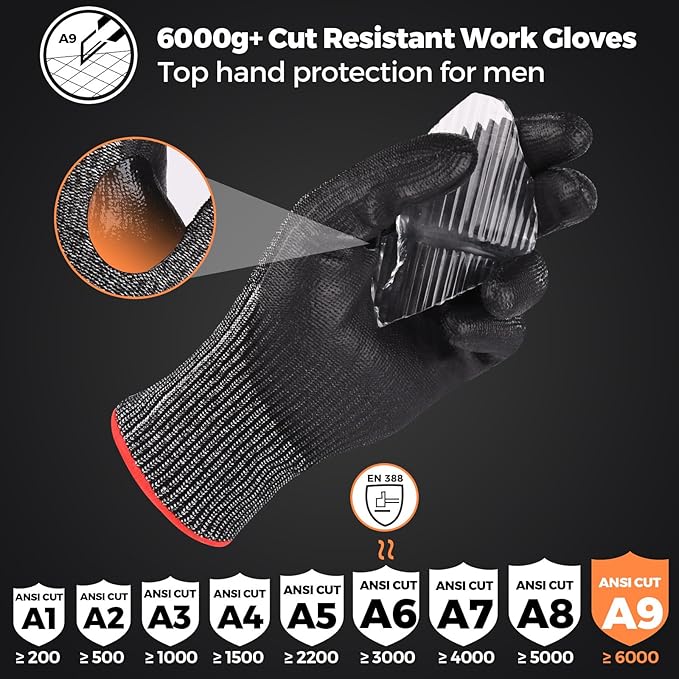 Donfri 3 Pairs A9 Cut Resistant Work Gloves for Men - Steel + HPPE Hybrid Safety Gloves for Men, ANSI Cut Level 9 Protection Flexible for Metal Glass Wood Construction Fishing
