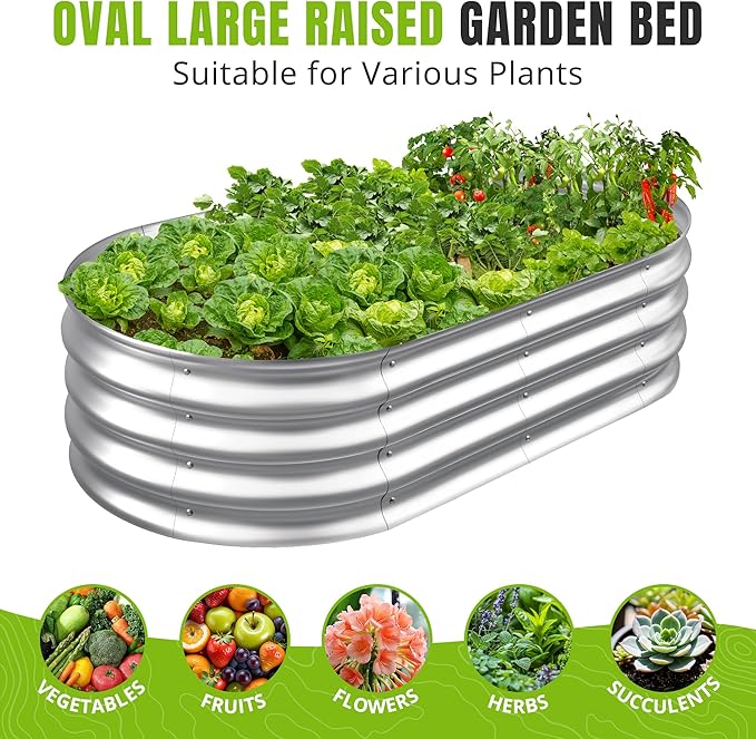 Sponvatt Raised Garden Bed - Outdoor Galvanized Raised Garden Bed Planter Boxes, Large Oval Metal for Gardening Planter Box Kit,Suitable for Vegetables,Herbs (Silver, 8x4x1 Ft)