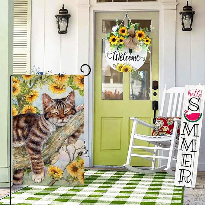 BLKWHT Summer Cat Garden Flag 12x18 Inches Double Sided for Outside, Sunflower Burlap Small Seasonal Yard Flag for Outdoor Decor BW640