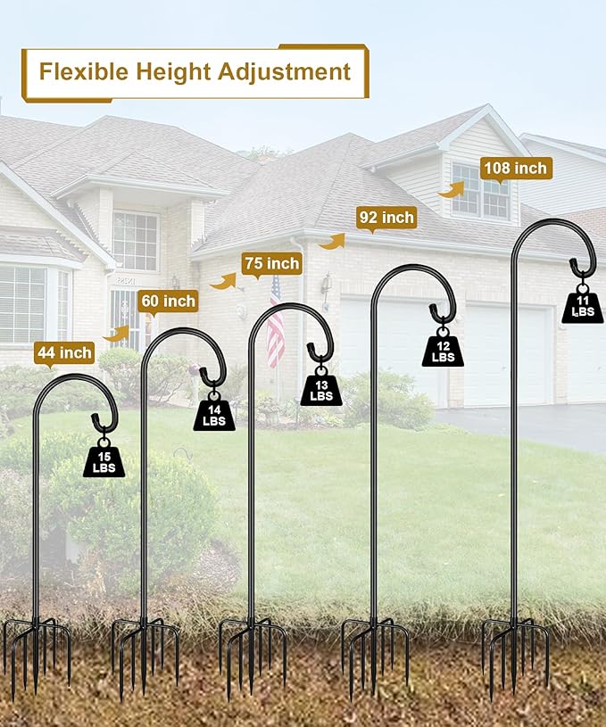 Shepherd Hook 108 Inch Tall Heavy-Duty Metal Garden Hanging Pole Stake for Bird Feeder Pole Plant Baskets, Black (2 Pack)