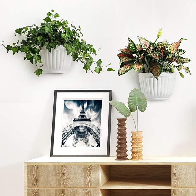 2 Pack Resin Wall Hanging Planter Pots Vertical Garden Living Wall Mount Window Hang Box Container Indoor Outdoor for Plants Flowers Kitchen Herbs Holder with Drainage Water Reservoir Decor White