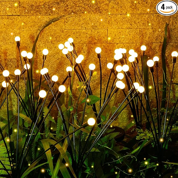 4Pack 32LED Spring Solar Swaying Lights Outdoor Solar Powered Firefly Lights Garden Decor Waterproof Pathway Light Sway by Wind Landscape Lights Warm Yellow for Pathway Lawn Patio Courtyard Decor