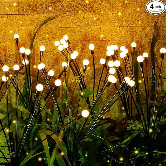 4Pack 32LED Spring Solar Swaying Lights Outdoor Solar Powered Firefly Lights Garden Decor Waterproof Pathway Light Sway by Wind Landscape Lights Warm Yellow for Pathway Lawn Patio Courtyard Decor