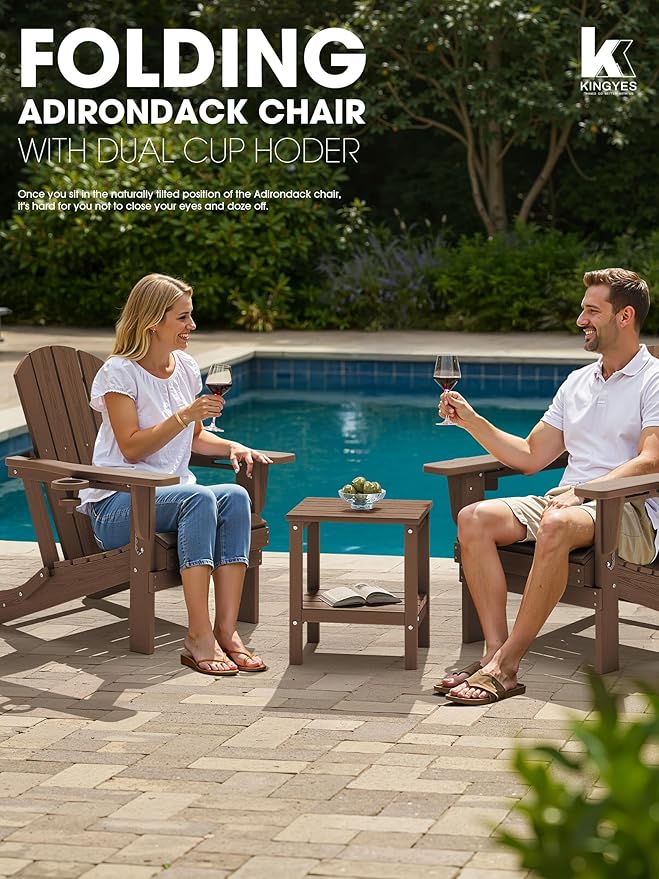 KINGYES Folding Adirondack Chair with Dual Cup Holders - HDPE All-Weather Outdoor Chairs, Brown