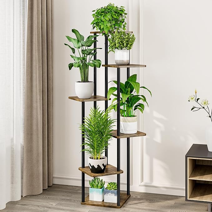 AZERPIAN Plant Stand 6 Tier Indoor Metal Flower Shelf for Multiple Plants Corner Tall Flower Holders for Patio Garden Living Room Balcony Bedroom, Black