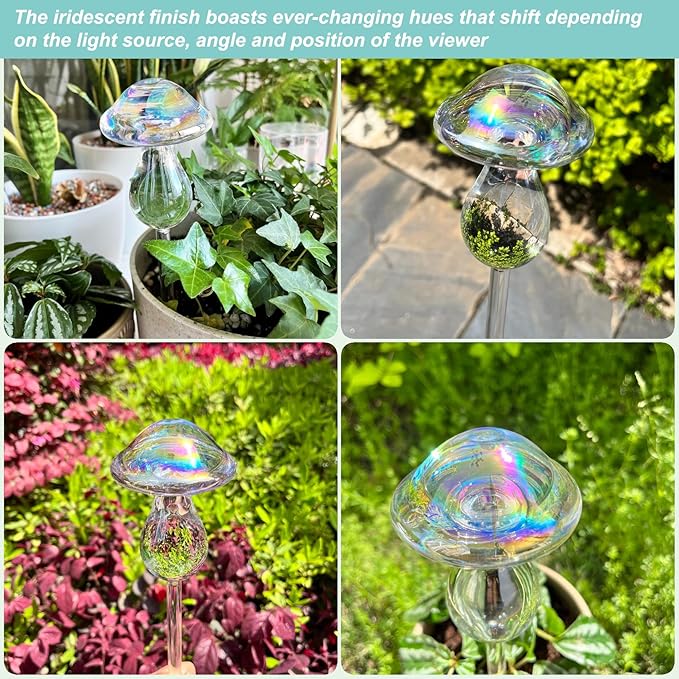 Kingbuy Plant Watering Globes Iridescent Mushroom Self Watering Planter Automatic Irrigation Device for Plant Indoor Outdoor, 2 Pack