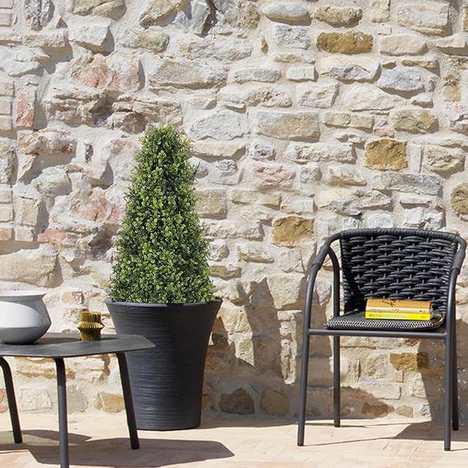 3ft Artificial Boxwood Topiary Trees (Set of 2) - UV Resistant Faux Plants Outdoor, Realistic 36" Fake Cone Bushes and Shrubs for Front Porch, Planter, Patio - Low Maintenance & Evergreen