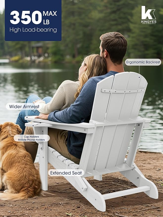 KINGYES Folding Adirondack Chair Set of 2, Dual Cup Holders & All-Weather HDPE, Wood-Like Patio Chair for Backyard, Camping, Pool & Fire Pit, White