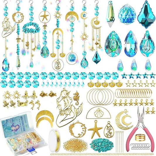 420pcs Suncatcher Making Kits for Adults Crystal Sun Catchers Crafts with Hooks Chains Pendants Rainbow Maker for Window Hanging Prism Indoor Outdoor Garden Xmas Wedding Party Decor (Mermaid)