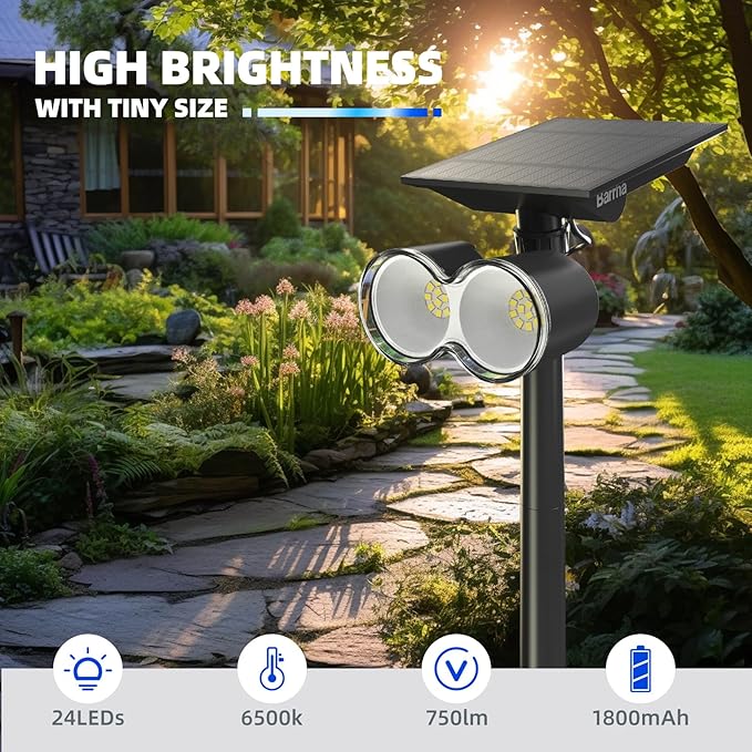 Barrina Solar Spotlights Outdoor Waterproof, 360° Horizontal Adjustable Outdoor Solar Spot Lights, 6500k 3 Modes, 24 LEDs Solar Powered Landscape Lighting for Garden Yard Pathway, Auto On/Off, 6 Pack