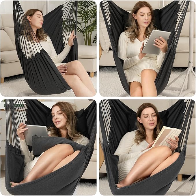 Y- Stop Hammock Chair Hanging Rope Swing Chair, Max 500 Lbs, 2 Seat Cushions Included, Removable Steel Spreader Bar with Anti-Slip Rings, Hardware kit-for Indoor or Outdoor(Dark Grey)