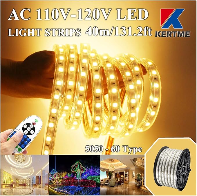 5050-60 Type AC 110-120V LED Strip Lights, Flexible/Waterproof/Dimmable/Multi-Modes LED Rope Light + 23 Keys Remote for Home/Garden/Building Decoration (131.2ft/40m, Warm White 3500K)