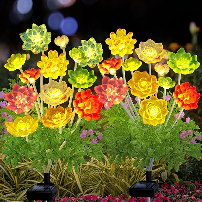 Kohlrabi Solar Garden Lights Outdoor, 2 Pack Upgraded Succulent Solar Lights, Mothers Day Gifts for Woman Mom Grandmom, Succulent Plant Yard Decor Waterproof for Lawn Patio Pathway