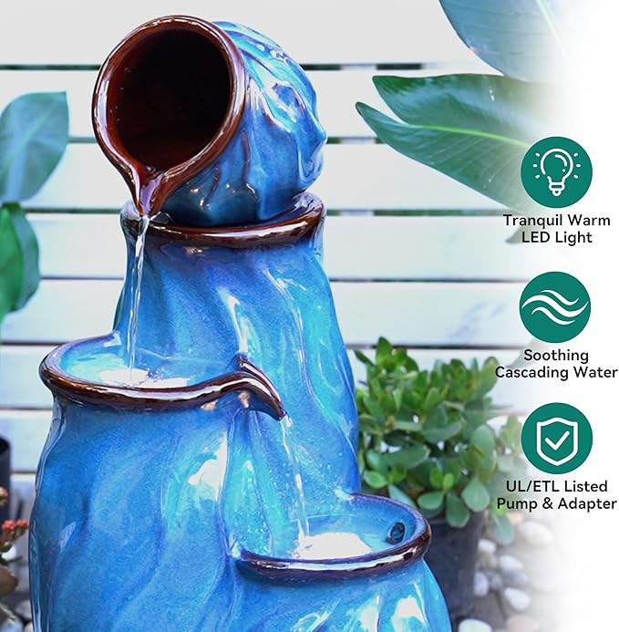 29" Tall Ceramic Outdoor Water Fountain with LED Lights, 4-Tier Cascading Jars Water Feature, Tranquil Waterfall for Relaxing Garden, Patio, Yard, or Porch, Turquoise, Dynamic Wave-Texture