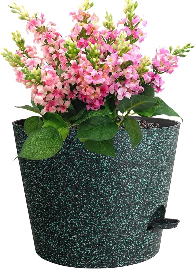 12 inch Large Self Watering Pots for Indoor Outdoor Plants, Flower Plant Pots with Mesh Drainage Holes for Garden, Plastic Planters with Reservoir for Home Plants, Black with Green Speckles