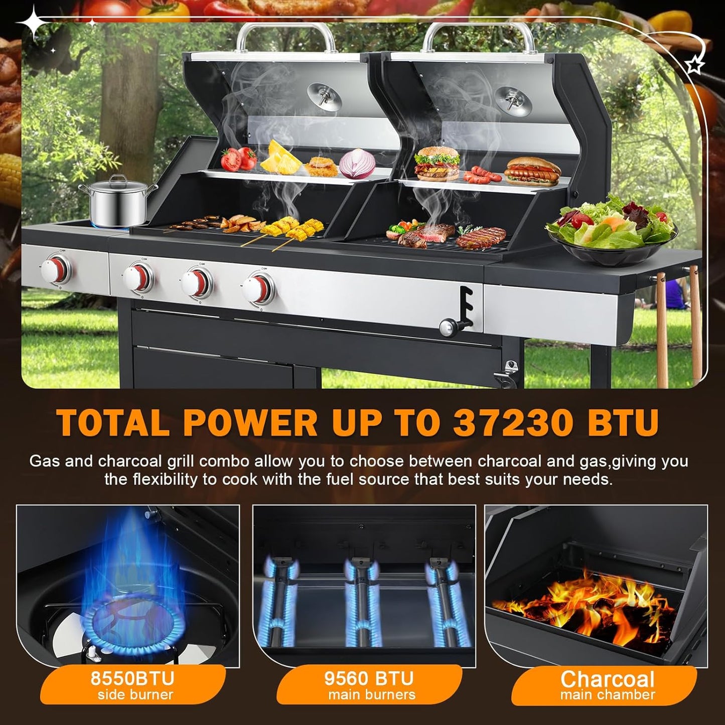 3-Burner Gas and Charcoal Combo Grill with Griddle Plate, 37,230 BTU, Stainless Steel & Enameled Grates, Side Burner + Storage Cabinet for Backyard, Tailgating, Teppanyaki