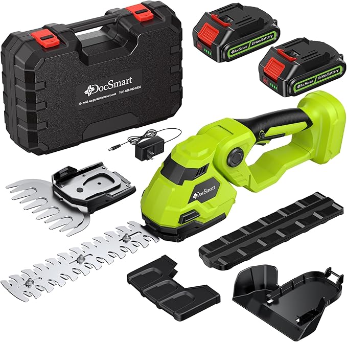 Hedge Trimmer Cordless with Battery, 2-in-1 Electric Handheld Grass Shear Cutter with 2 Pack Rechargeable Battery, Mini Bush Trimmer Kit for Garden Yard Lawn Pruning, Green