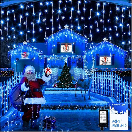 960 LED 98FT Christmas Lights Plug in 8 Modes with Timer Dimmable Christmas Decorations Outdoor Waterproof Indoor Curtain String Lights for Roof Garden Holiday Wedding Party Decor Blue
