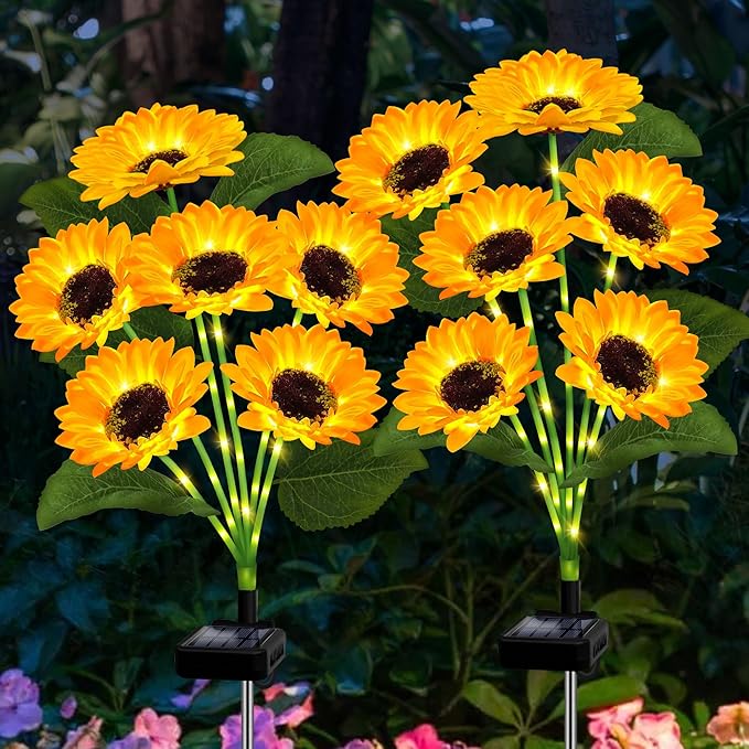 4 Pack Solar Sunflower Garden Lights 24 Vibrant Sunflowers LED Outdoor Decorative Stake Lights for Yard, Patio, Lawn, Pathway, IP65 Waterproof, Gardening Gift for Mom, Grandma, and Friends