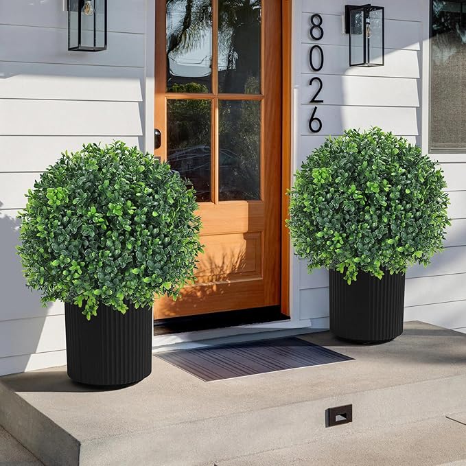 Artificial Boxwood Topiary Ball Tree 24" with Ground Spike, Set of 2 Artificial Boxwood Bushes for Faux Shrubs, Fake Evergreen Faux Plant for Indoor Outdoor Porch Garden- UV Resistant – Fade-Proof