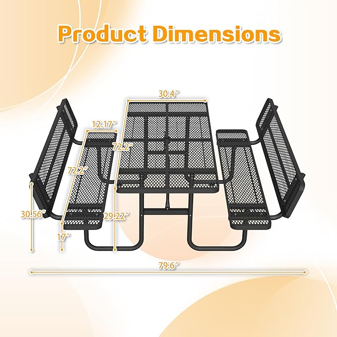 79'' Steel Rectangular Picnic Table for Outdoors, with backrest, Expanded, Lifetime Picnic Table with Umbrella Hole, Heavy Duty Sturdy Commercial Picnic Tables for Garden Courtyard BBQ, Black