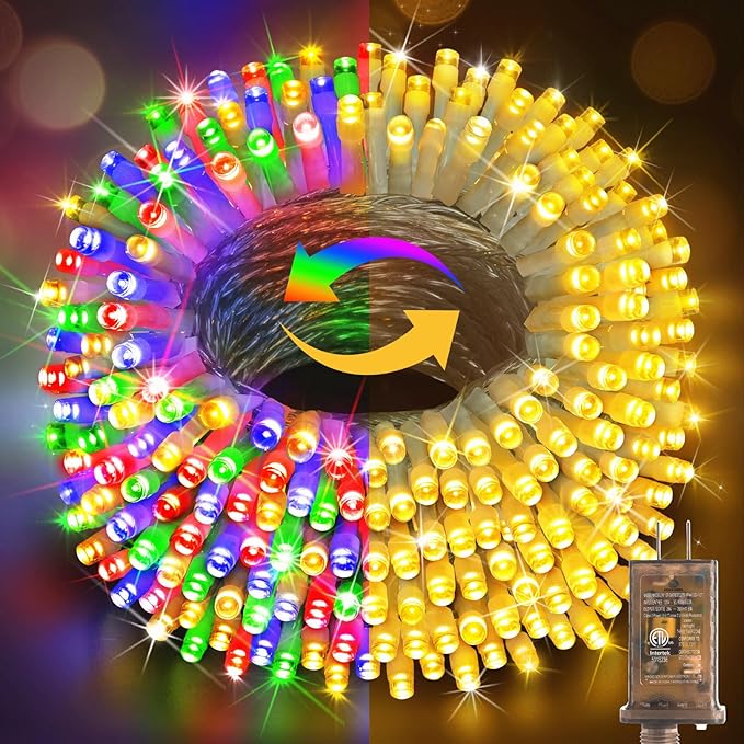 Hezbjiti 337FT 720LED Color Changing Christmas Lights Outdoor, 11 Modes String Lights IP44 Waterproof Fairy Light for Party Tree Garden Wedding Decorations (Multicolor to Warm White, Clear Wire)