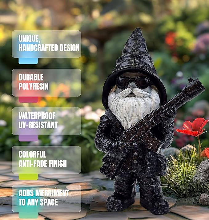 Better Office Products Garden Gnome Statue, 8" Height, Handcrafted Waterproof, UV-Resistant Polyresin Lawn Patio Porch Ornament Decoration (Stone Cold Hitman)