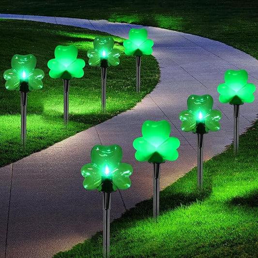 2*4 Pack LED St. Patricks Shamrock Pathway Lights for St. Patricks Day Decorations, Green Lucky Clover Pathway Stake Lights Outdoor Waterproof, UL Certified for Lawn Yard Walkway Irish Decor, Plug In
