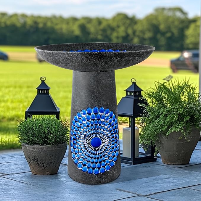 21.5'' Tall Ceramic Bird Bath for Outdoor, Heavy Duty - Cold-Weather Resistant Bird Bath, Garden and Patio Décor - Diamond Blue