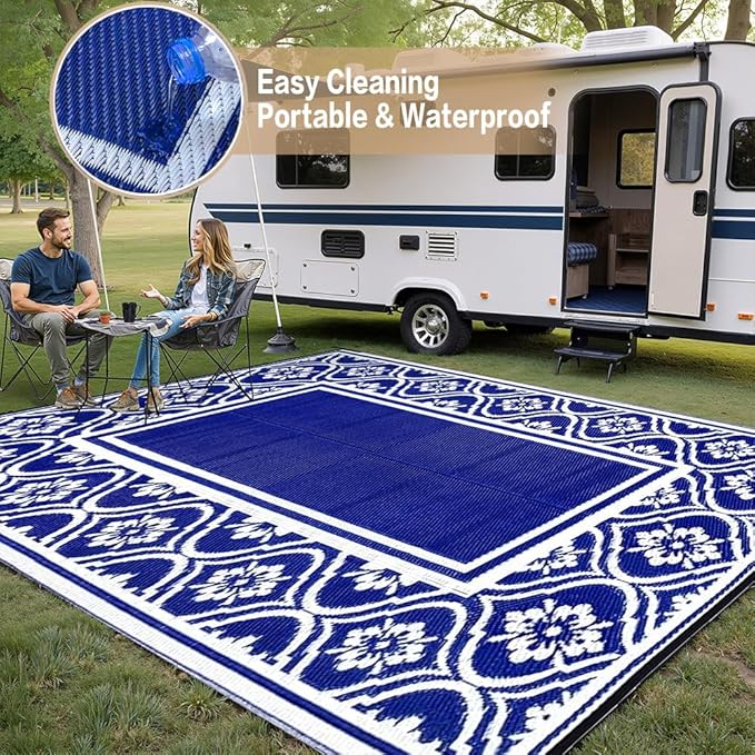 Outdoor Rug 8x10 Patio Waterproof Mat Camping Carpet Outside Area Rug Reversible Light Blue Rugs for RV Deck Entryance Porch Picnic Balcony Beach