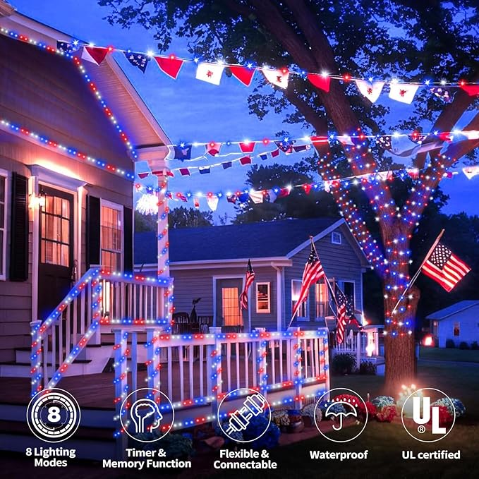 50ft LED Rope Lights Outdoor,360 LED Connectable & Flexible Tube Lights with 8 Modes, Waterproof LED Rope Lighting for Independence Flag Day, Memorial Day, Outdoor,Indoor Decor (Red & White & Blue)