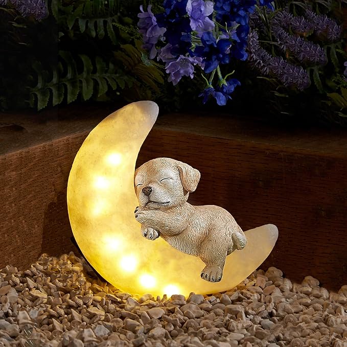 Garden Dog Statues Outdoor Decor, Solar Powered Resin Lawn Ornaments with 8 LEDs Warm White, Outdoor Decoration for Patio Yard Lawn Porch Housewarming Garden Gift
