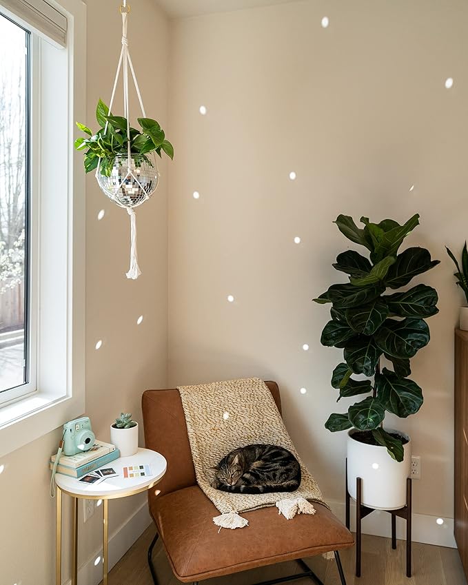 Hanging Disco Ball Planter 8" - with Acrylic Stand and Macrame Plant Hanger - Home Décor, Room Décor, Patio or Boho Décor, Mirror Disco Planter, Disco Decor (8" with Base)