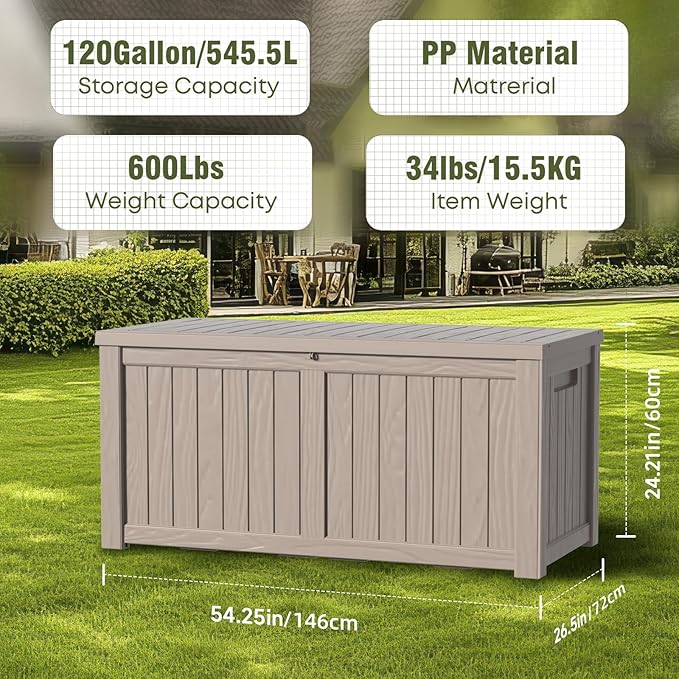 120 Gallon Waterproof Outdoor Storage Box,Resin Deck Box,Lockable Outside Storage Box Container for Patio Furniure,Garden,Tools (120 Gallon,Grey)