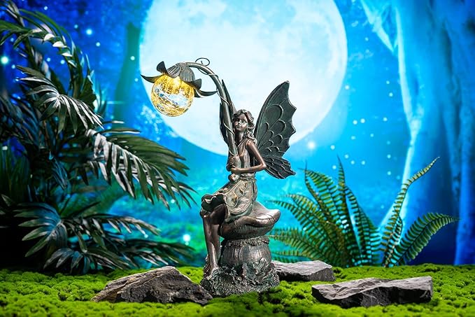 TERESA'S COLLECTIONS Garden Statues Fairy Sculptures & Statues, Outdoor Solar Light Garden Decor Resin Patina Bronze Figurines for Outdoor Decor, Valentines Decorations Gifts for Women Mom, 13.8''