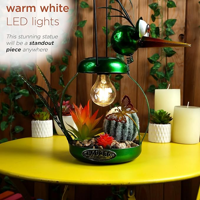 Alpine Corporation LYT292SLR-HH Solar-Powered Metal Heron w/Garden Enclosed LED Light Decor, Solar Patio Decor, 16''H, Green