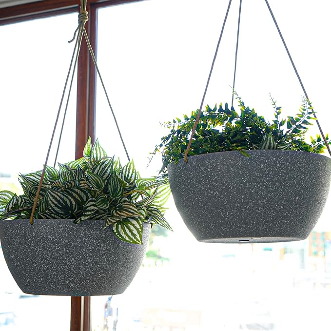 13 Inch 2 Pack Large Hanging Planters for Indoor Outdoor Plants, Plastic Hanging Basket Pots for House Plants Flowers, Grey