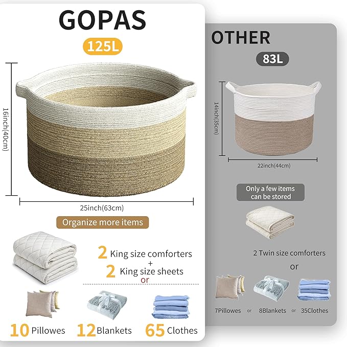 125L Extra Large Blanket Basket, 25" x 16", Jumbo Laundry Woven Basket Decorative Home, Cotton Rope Basket with Handles, Baby Toy Basket for Storage, Gradual Brown, 2PC